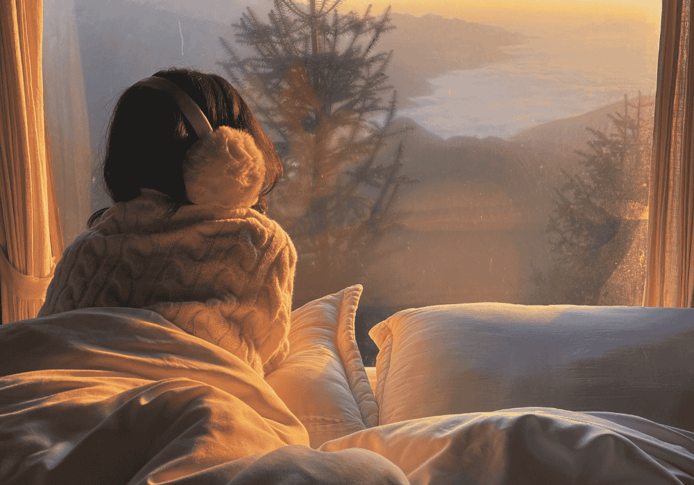 Woman looking out a window at a winter scene.