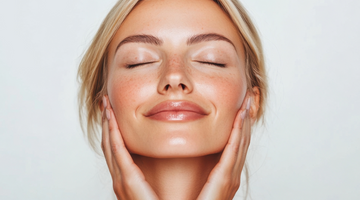 A glowing woman with clear skin and a radiant smile gently touching her face.