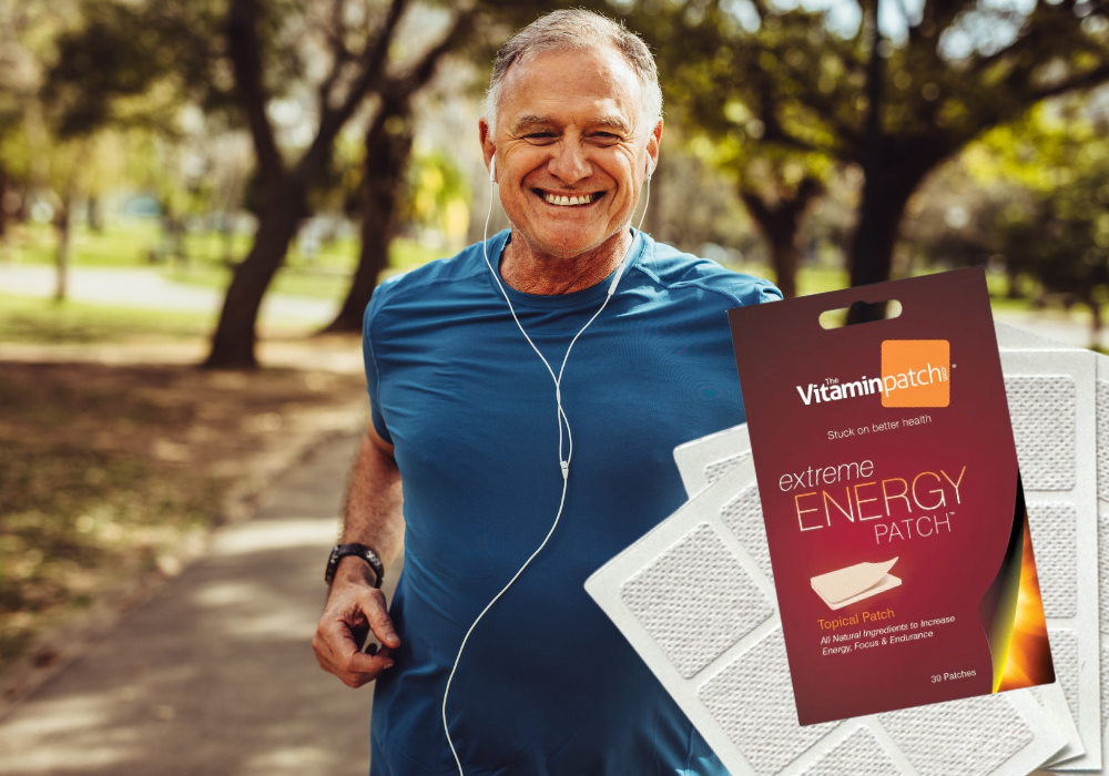 Happy man running and Extreme Energy Patch with patches.