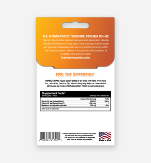 Back of Sunshine Synergy D3+K2 Patch packaging with directions, supplement facts and product description.