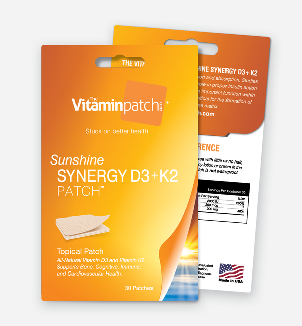 Sunshine Synergy D3+K2 Patch packaging showing front and back with ingredient and dosage information.