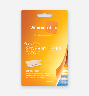 Front of Sunshine Synergy D3+K2 Patch packaging.