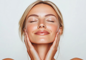 A glowing woman with clear skin and a radiant smile gently touching her face.