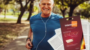 Happy man running and Extreme Energy Patch with patches.