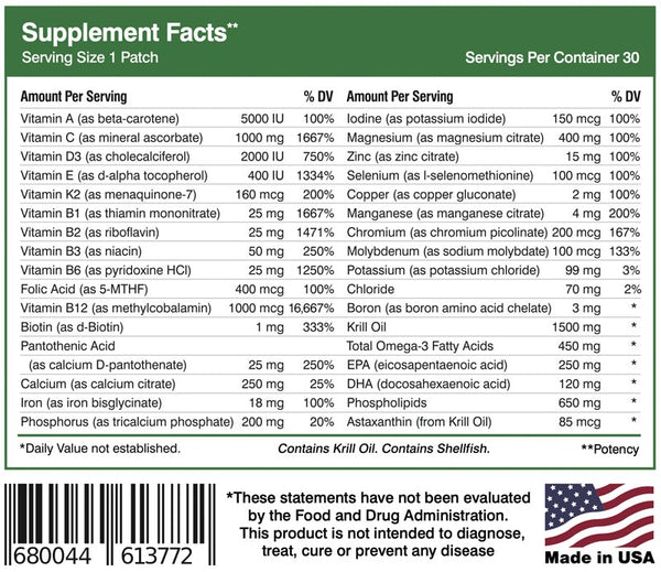 Adult Multi + Omega-3 patch supplement fact sheet